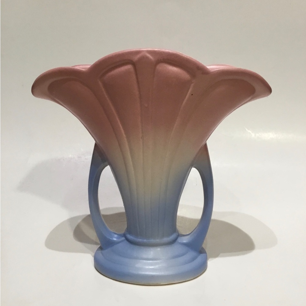 Vtg Hull Art Pottery USA 47-9 Mardi Gras Granada Fan Vase Pink Blue Light Cream